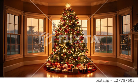 A beautifully decorated Christmas tree with colorful ornaments brings holiday cheer and warmth. A beautifully decorated Christmas tree with colorful ornaments brings holiday cheer and warmth. 127787603