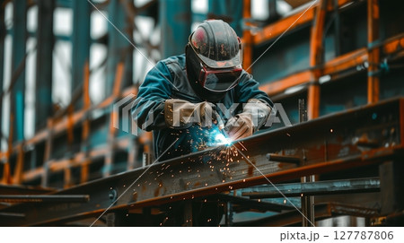A low-angle shot captures a worker welding steel beams on a towering high-rise, showcasing their skill. 127787806
