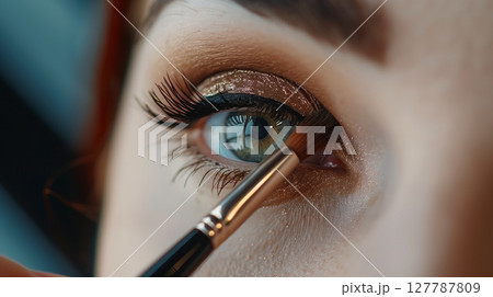A makeup artist expertly applies eye shadow with a precision brush, enhancing the client's natural beauty. 127787809