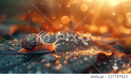 A macro shot captures a snail crawling on a green leaf, leaving a glistening iridescent trail. A macro shot captures a snail crawling on a green leaf, leaving a glistening iridescent trail. 127787823