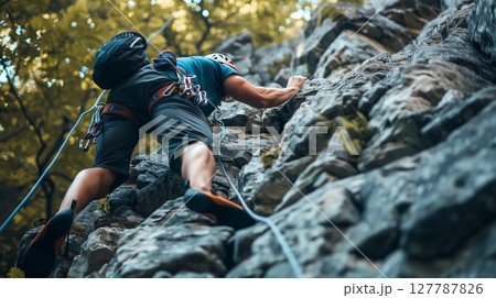 Low-angle shot of a rock climber reaching for the next hold, showcasing strength and determination. Low-angle shot of a rock climber reaching for the next hold, showcasing strength and determination. 127787826