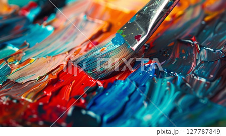 Macro shot of a brush touching a canvas, spreading vivid and vibrant paint in an intricate pattern. 127787849