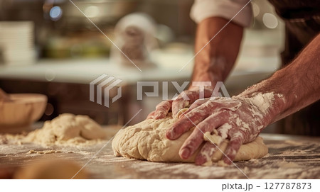Baker's hands kneading dough, capturing texture and movement, showcasing baking skill and precision. Baker's hands kneading dough, capturing texture and movement, showcasing baking skill and precision. 127787873