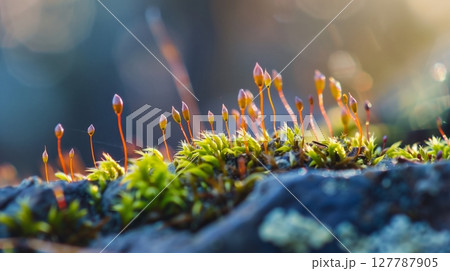 Macro shot of moss on a rock, showing intricate details of green filaments and rugged surface with clarity. 127787905