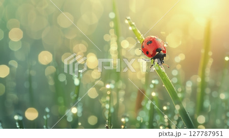 Ladybug climbing a dewy blade of grass in a close-up macro shot. 127787951