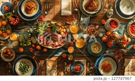 A festive table with delicious dishes and refreshing drinks, beautifully arranged for a joyous celebration. 127787967