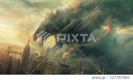 A colossal monster rampaged through the city, causing chaos as buildings crumbled and citizens fled in terror. 127787992