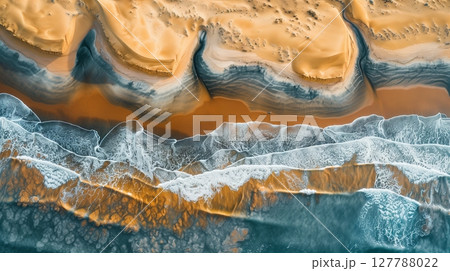 A breathtaking aerial view of a desert reveals majestic sand dunes with intricate, wave-like patterns. A breathtaking aerial view of a desert reveals majestic sand dunes with intricate, wave-like patterns. 127788022