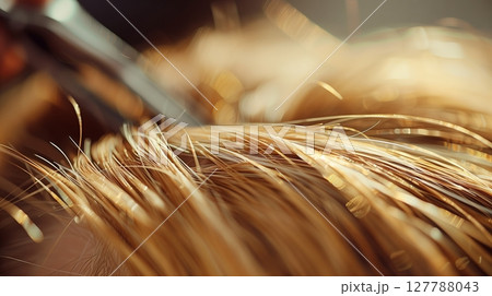 A close-up of a skilled hairdresser precisely cutting delicate hair strands with focused scissors. A close-up of a skilled hairdresser precisely cutting delicate hair strands with focused scissors. 127788043