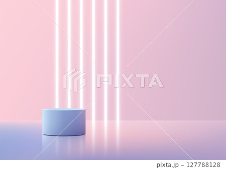 modern neon light pedestal display on reflective surface with pink purple gradient background minimalist showcase mockup 127788128