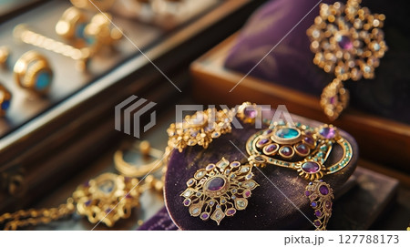 Peranakan jewelry showcases intricate patterns and a rich blend of Chinese, Malay, and Indonesian cultures. 127788173