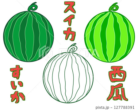 スイカのイラストと文字セット（カラー2色と線画） 127788391
