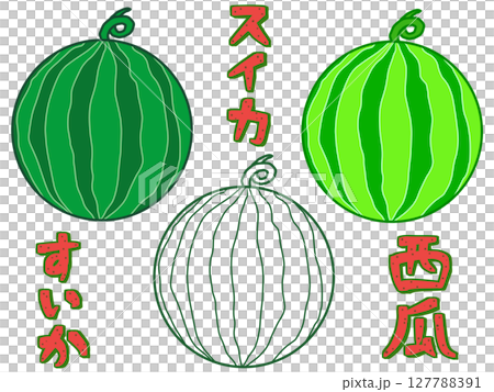 スイカのイラストと文字セット（カラー2色と線画） 127788391