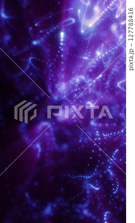Purple abstract glowing dots forming chaotic trails over a dark backdrop 127788416
