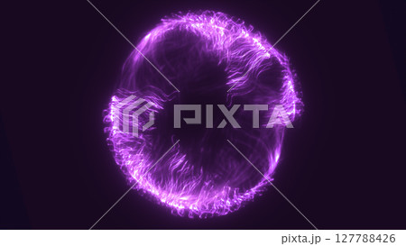 Vibrant glowing purple plasma ring with dynamic wavy trails on a deep violet background 127788426