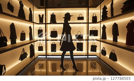 A chic walk-in closet with backlit shelves showcases fashion silhouettes, creating a stunning, elegant space. 127788503