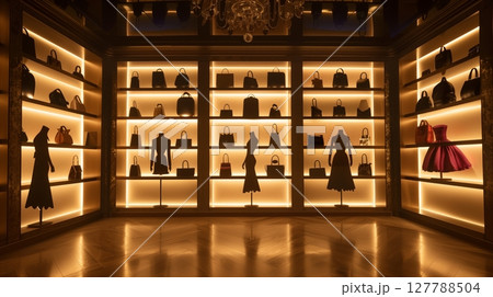A chic walk-in closet with backlit shelves highlights fashion items, creating an elegant and stylish display. 127788504