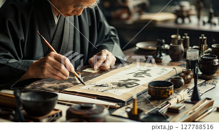 A master calligrapher crafts elegant strokes, conveying wisdom and tradition with each pen movement. A master calligrapher crafts elegant strokes, conveying wisdom and tradition with each pen movement. 127788516