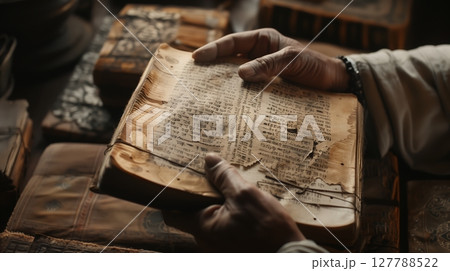 Artisans meticulously restore ancient manuscripts, ensuring these cultural treasures endure for future generations. 127788522