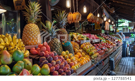 Tropical fruit markets buzz with exotic flavors and aromas, offering a vibrant sensory feast. 127788541