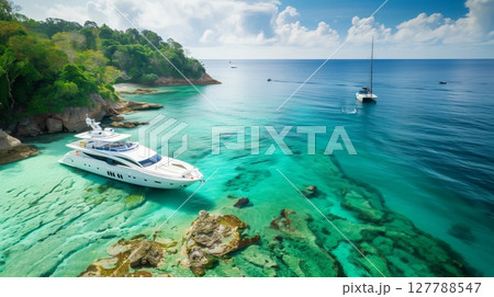 Cruise tropical coastlines, uncover hidden coves, bays, and vibrant marine life, soaking in serene beauty. 127788547