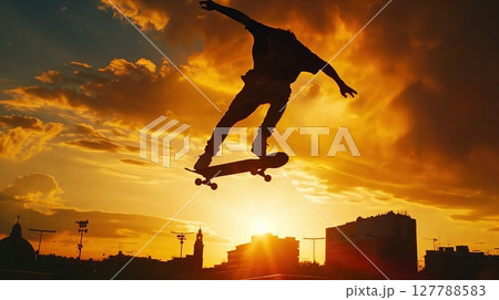 A low-angle shot captures a skateboarder mid-air at sunset, vividly highlighting the thrill and energy. 127788583