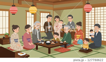 家族で囲む食卓 笑顔あふれる温かい団らんのひととき 127788622