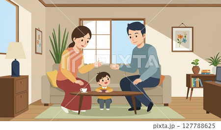 温かいリビングで、家族と笑顔で語り合う休日 127788625