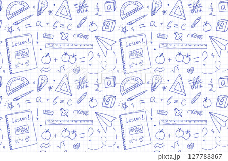 School supplies, a seamless pattern drawn with a pen on a checkered background. The concept of Education and science. A Back to School print for Knowledge Day with outline drawings on a notebook sheet 127788867