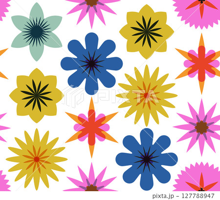 Vibrant floral seamless vector pattern displaying multiple color palette, organic geometric flower shapes intertwining across surface, ideal for textile design, wallpaper, decorative background 127788947