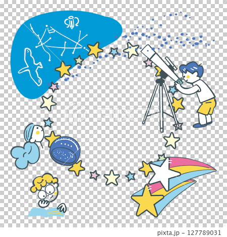 Elementary school students enjoying astronomy connected by a circle frame Stock illustration material by Set Elementary school students enjoying astronomy connected by a circle frame Stock illustration material by Set 127789031