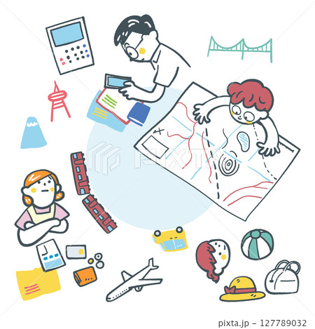 家族て立てる夏休の旅行計画 セットのストックイラスト素材 家族て立てる夏休の旅行計画 セットのストックイラスト素材 127789032