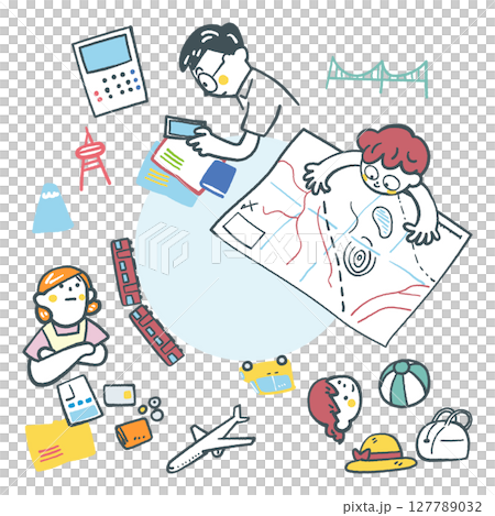 家族て立てる夏休の旅行計画 セットのストックイラスト素材 家族て立てる夏休の旅行計画 セットのストックイラスト素材 127789032
