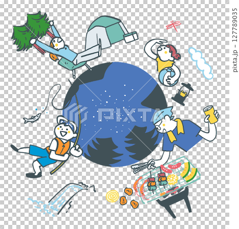 暑假露營和與大自然的互動 — 一套庫存插圖 暑假露營和與大自然的互動 — 一套庫存插圖 127789035