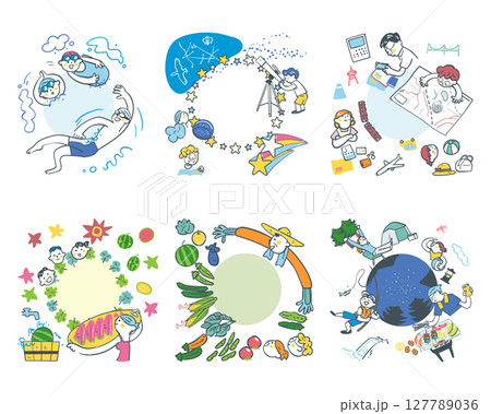 小学生にとって夏休みは体験の場 遊んで学ぼう セットのストックイラスト素材集 小学生にとって夏休みは体験の場 遊んで学ぼう セットのストックイラスト素材集 127789036