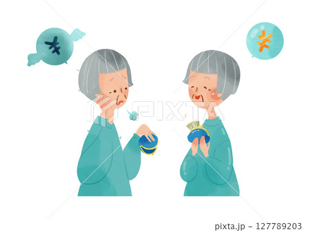 高齢女性の笑顔と不安の表情セット 127789203