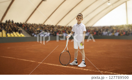 Young tennis player holding racket and ball on clay court in indoor stadium. Athletic ambition Young tennis player holding racket and ball on clay court in indoor stadium. Athletic ambition 127789500