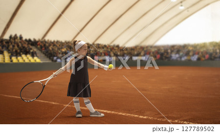 Young girl preparing to serve tennis ball on clay court with large spectator crowd. Youth sports 127789502