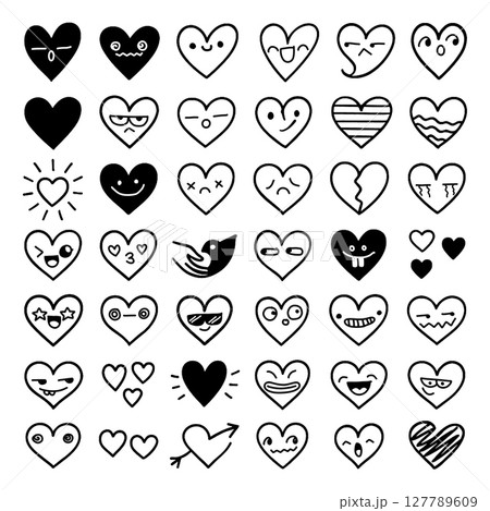Cute heart illustrations with various facial expressions and designs evoke playful and whimsical 127789609