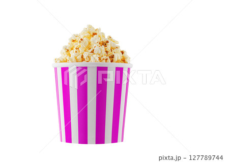 Delicious popcorn, classic box, classic paper cup with Pink stripe, isolated on white background Delicious popcorn, classic box, classic paper cup with Pink stripe, isolated on white background 127789744