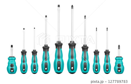 Set of Philips and flathead screwdrivers blue color on isolated white background Set of Philips and flathead screwdrivers blue color on isolated white background 127789783