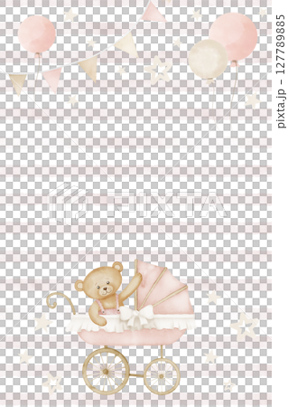Watercolor illustration of Template of Card with Teddy bear in a Pram with garland. Drawing of border with cute animal in stroller for Baby shower greeting cards or newborn party invitations. 127789885