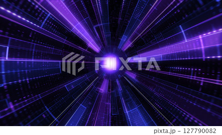 Futuristic purple tunnel made of glowing tech lines in perspective. Perfect for sci-fi, digital themes, data flow, or AI concepts. High detail with immersive depth and motion sense. 127790082