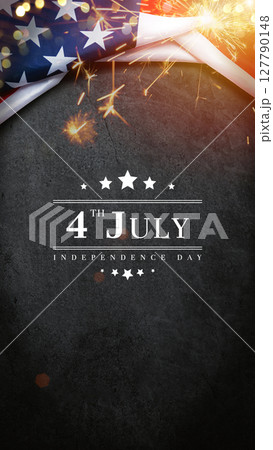 vintage America flag on black chalkboard with text 4th July Independence Day, with sparkler light bokeh. flag American background banner for USA Independence Day nation holiday celebration, vertical 127790148