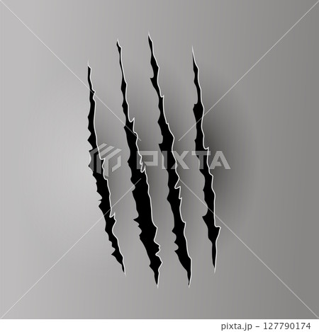 Bear or tiger claw mark. Scratches and torn traces of vector animal paw slashes. Hole in sheet of paper with torn edges. Vector illustration 127790174