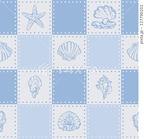 Coastal Seamless pattern with Seashells, Underwater creatures and starfish on Blue Checkered Background. La dolce vita themed inspired by Summer Italian aesthetic. Vintage Marine, coquette design Coastal Seamless pattern with Seashells, Underwater creatures and starfish on Blue Checkered Background. La dolce vita themed inspired by Summer Italian aesthetic. Vintage Marine, coquette design 127790201