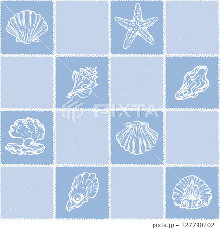 Coastal Seamless pattern with Seashells, Underwater creatures and starfish on Blue Checkered Background. La dolce vita themed inspired by Summer Italian aesthetic. Vintage Marine, coquette design 127790202
