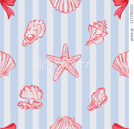 Red Seashells, Ribbon Bows Seamless Pattern on Blue striped Background. La dolce vita themed inspired by Summer Italian aesthetic. Vintage Marine, feminine, coquette design in charming girly style Red Seashells, Ribbon Bows Seamless Pattern on Blue striped Background. La dolce vita themed inspired by Summer Italian aesthetic. Vintage Marine, feminine, coquette design in charming girly style 127790203