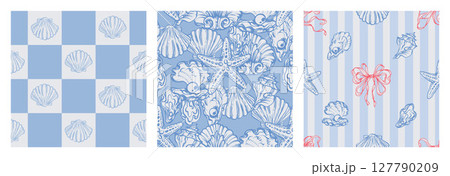 Blue Coastal Seamless Pattern Set with Seashells, Underwater creatures, Starfish on striped and Checkered Backgrounds. La dolce vita themed inspired by Summer Italian aesthetic. Vintage Marine designs Blue Coastal Seamless Pattern Set with Seashells, Underwater creatures, Starfish on striped and Checkered Backgrounds. La dolce vita themed inspired by Summer Italian aesthetic. Vintage Marine designs 127790209