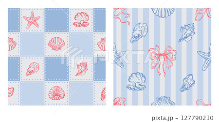 Coastal Seamless Pattern Set with Red Seashells, Underwater creatures, Starfish, Ribbon Bows on blue striped, Checkered Backgrounds. La dolce vita themed inspired by Vintage Summer Italian aesthetic. Coastal Seamless Pattern Set with Red Seashells, Underwater creatures, Starfish, Ribbon Bows on blue striped, Checkered Backgrounds. La dolce vita themed inspired by Vintage Summer Italian aesthetic. 127790210